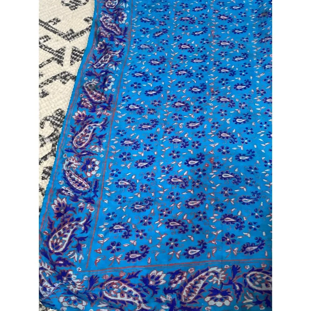 Blue Elegant Paisley Floral Silk Square Scarf 34x34 Made in India